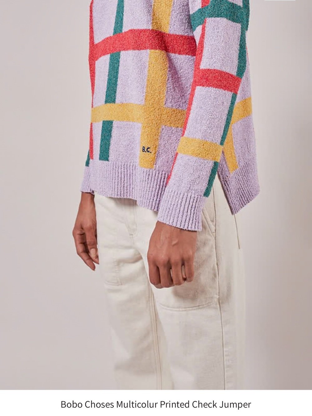 Bobo Choses Lavender Crewneck Sweater with Red, Green and Yellow Plaid - Picture 3 of 11